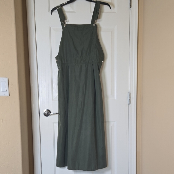 XL OLIVE Maxi OVERALL DRESS RUSTIC COTTAGECORE UTILITARIAN BOHO MINIMALIST LINEN - Picture 1 of 12
